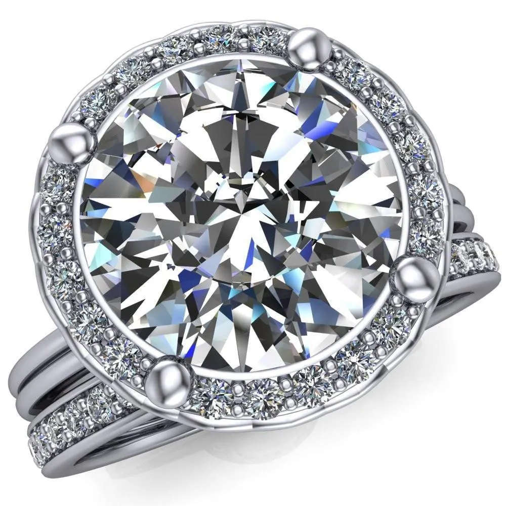 Ivy Round Center Stone Intertwined Love Basket Halo Diamond Ring