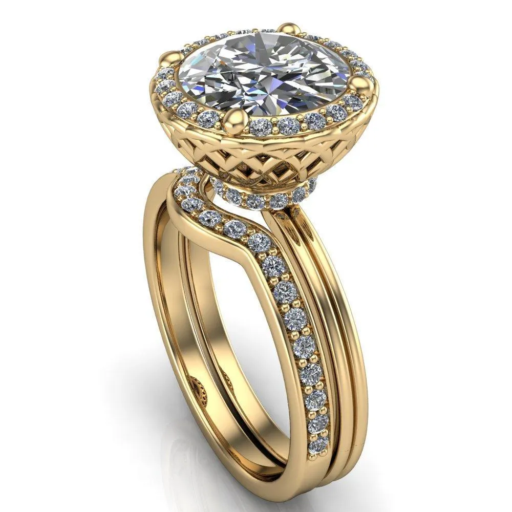 Ivy Round Center Stone Intertwined Love Basket Halo Diamond Ring