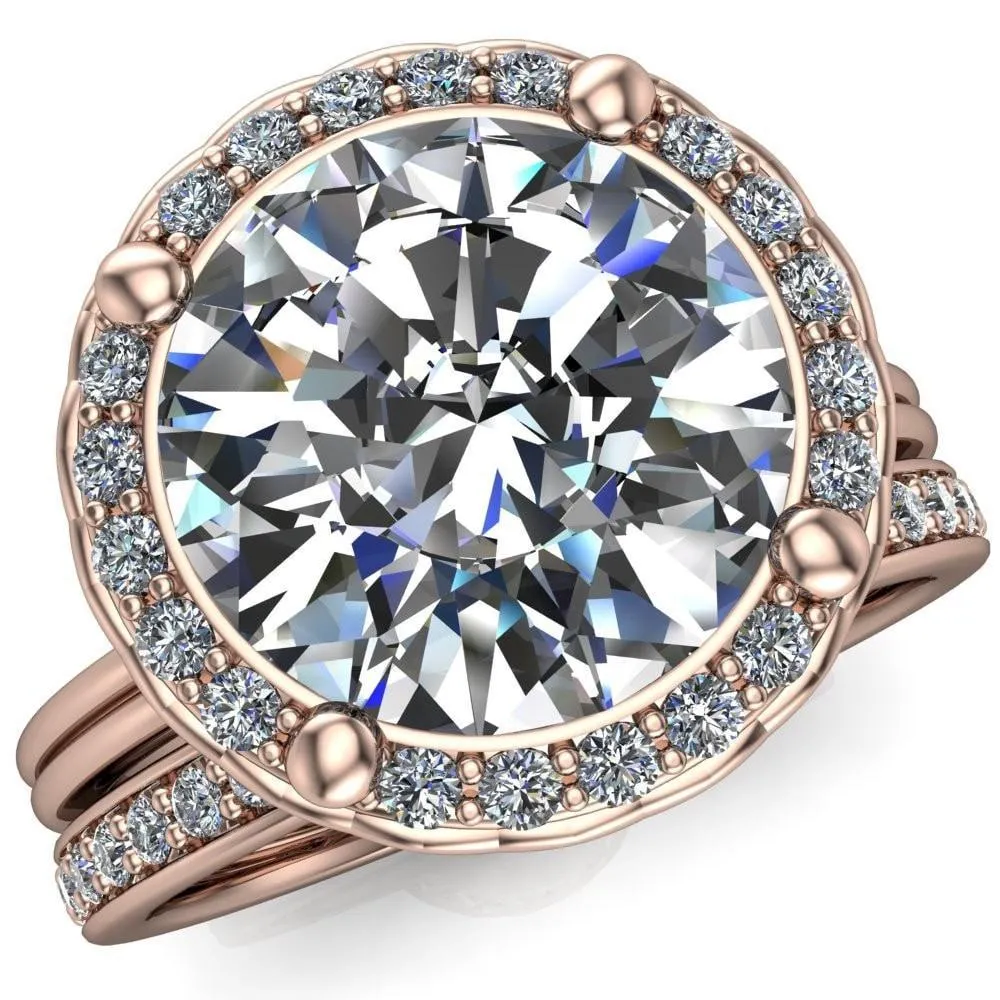Ivy Round Center Stone Intertwined Love Basket Halo Diamond Ring