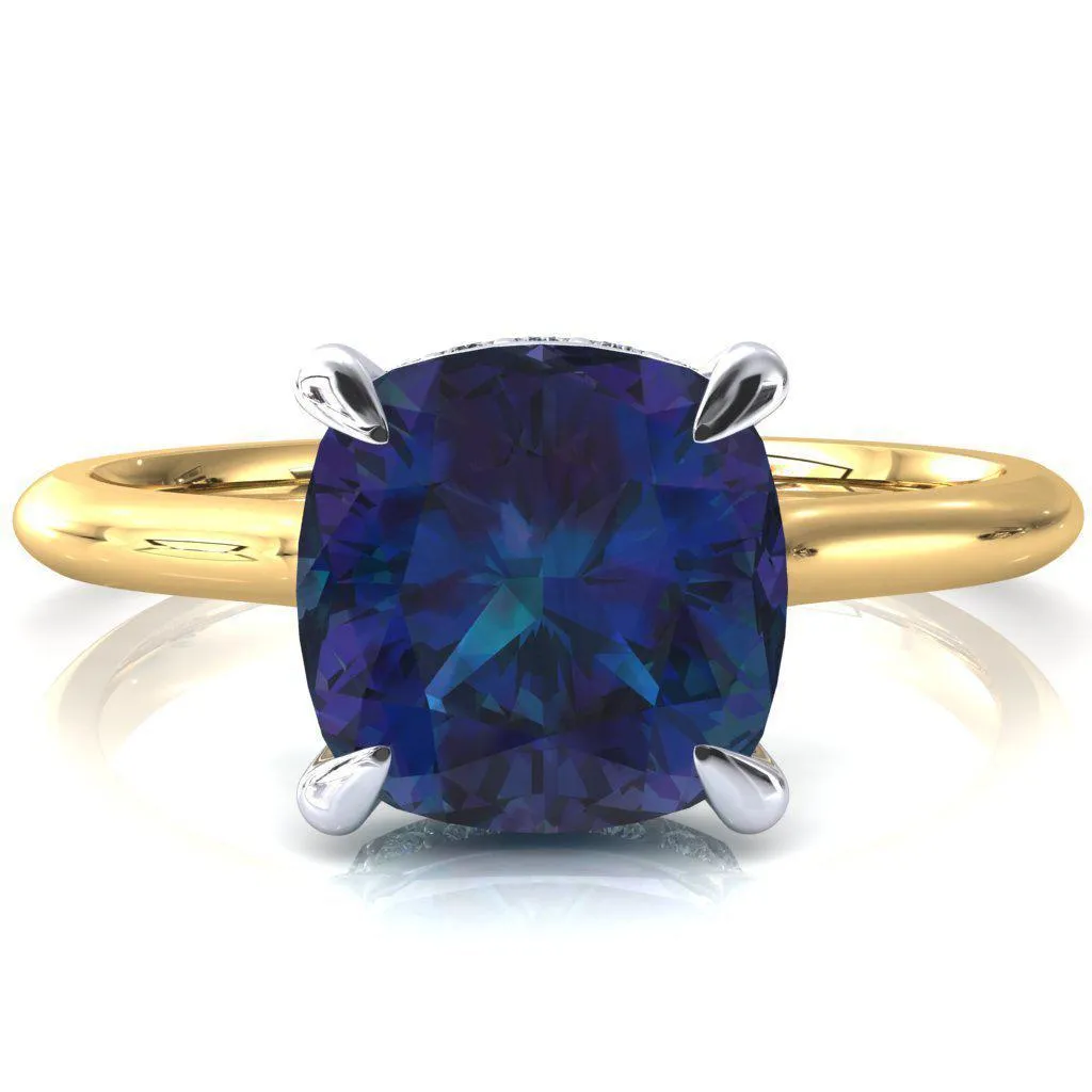 Janey Cushion Alexandrite 4 Prongs Claw Floating Halo Inverted Cathedral Ring