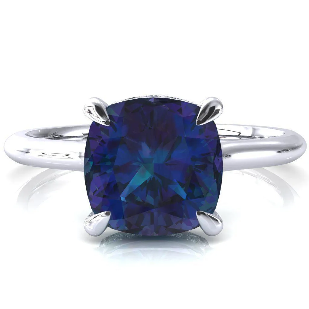 Janey Cushion Alexandrite 4 Prongs Claw Floating Halo Inverted Cathedral Ring