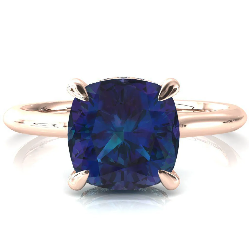 Janey Cushion Alexandrite 4 Prongs Claw Floating Halo Inverted Cathedral Ring