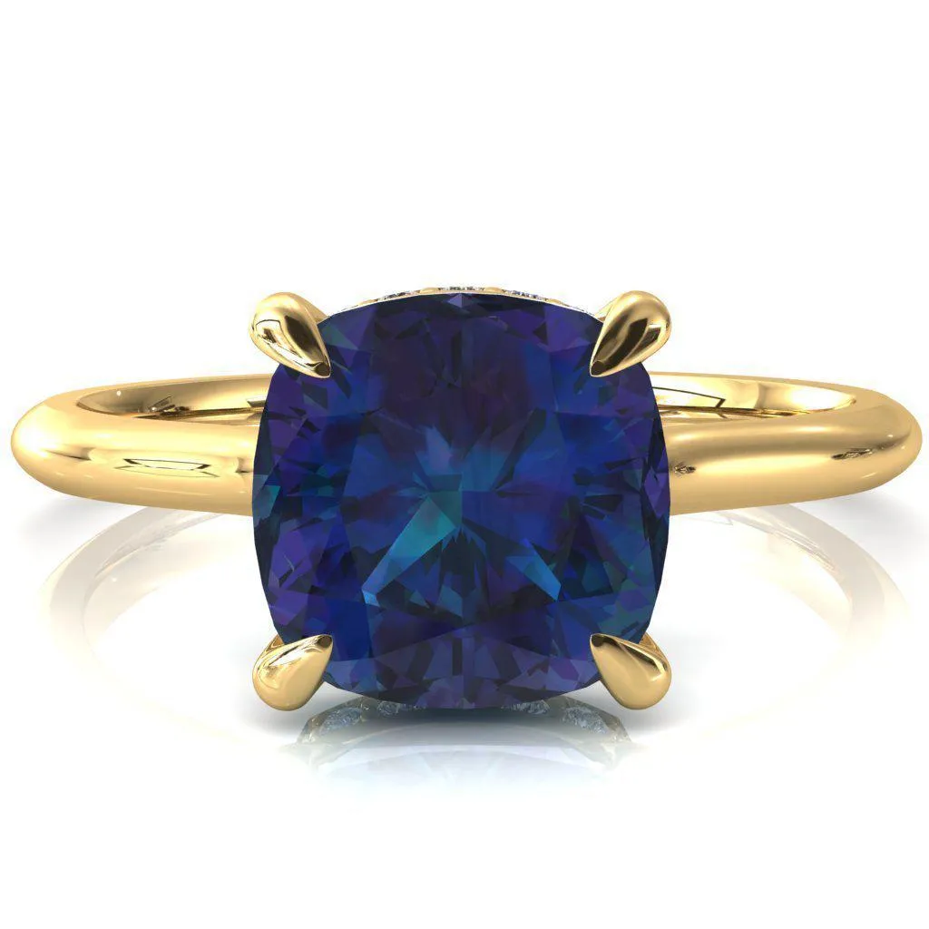 Janey Cushion Alexandrite 4 Prongs Claw Floating Halo Inverted Cathedral Ring