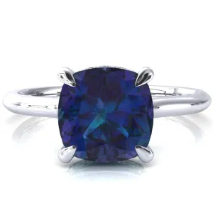 Janey Cushion Alexandrite 4 Prongs Claw Floating Halo Inverted Cathedral Ring
