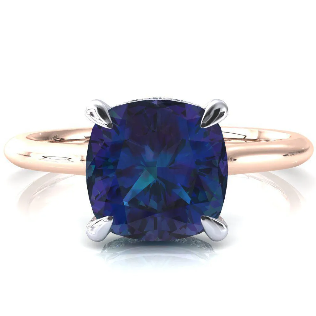 Janey Cushion Alexandrite 4 Prongs Claw Floating Halo Inverted Cathedral Ring