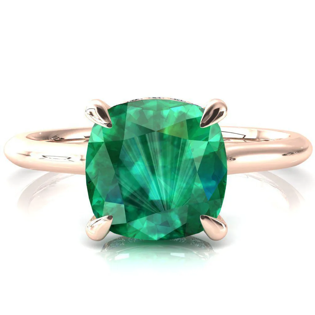 Janey Cushion Emerald 4 Prongs Claw Floating Halo Inverted Cathedral Ring