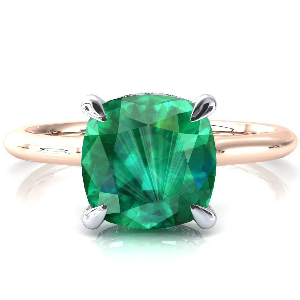 Janey Cushion Emerald 4 Prongs Claw Floating Halo Inverted Cathedral Ring
