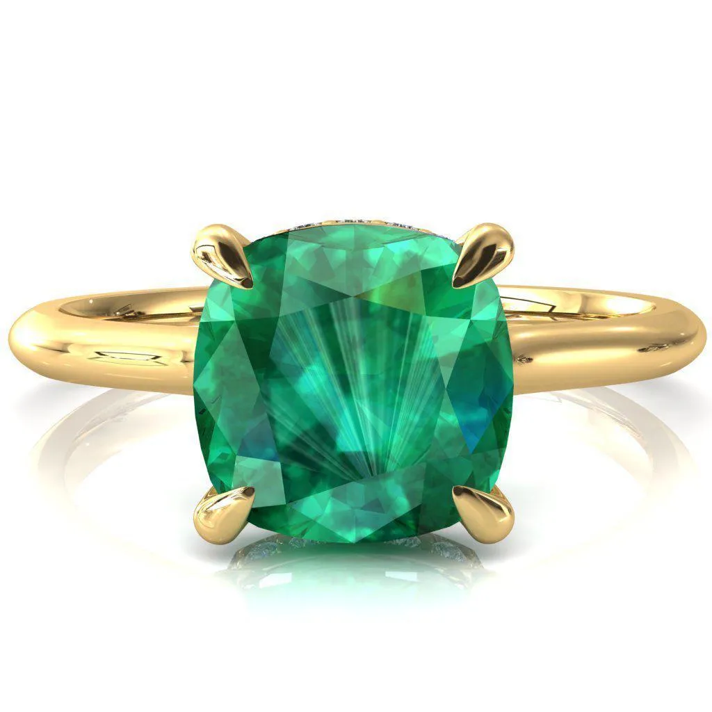 Janey Cushion Emerald 4 Prongs Claw Floating Halo Inverted Cathedral Ring