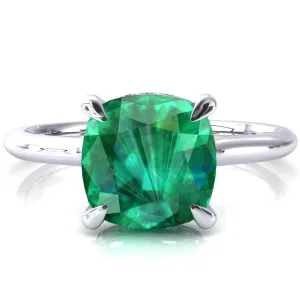 Janey Cushion Emerald 4 Prongs Claw Floating Halo Inverted Cathedral Ring