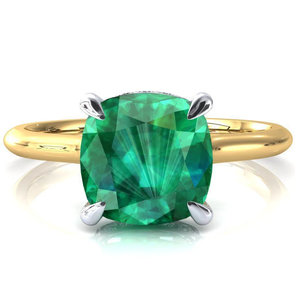Janey Cushion Emerald 4 Prongs Claw Floating Halo Inverted Cathedral Ring