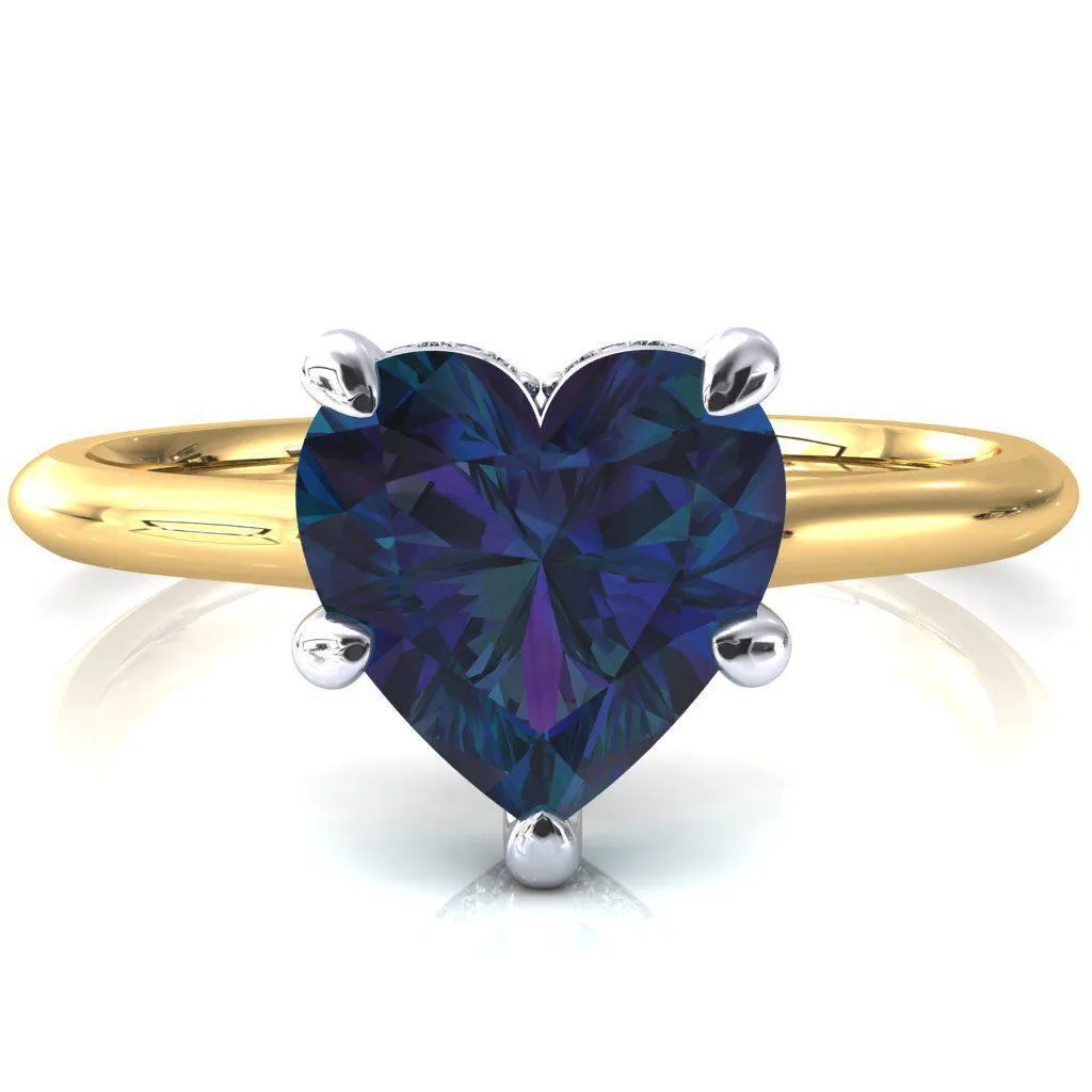 Janey Heart Alexandrite 5 Prongs Claw Floating Halo Inverted Cathedral Ring