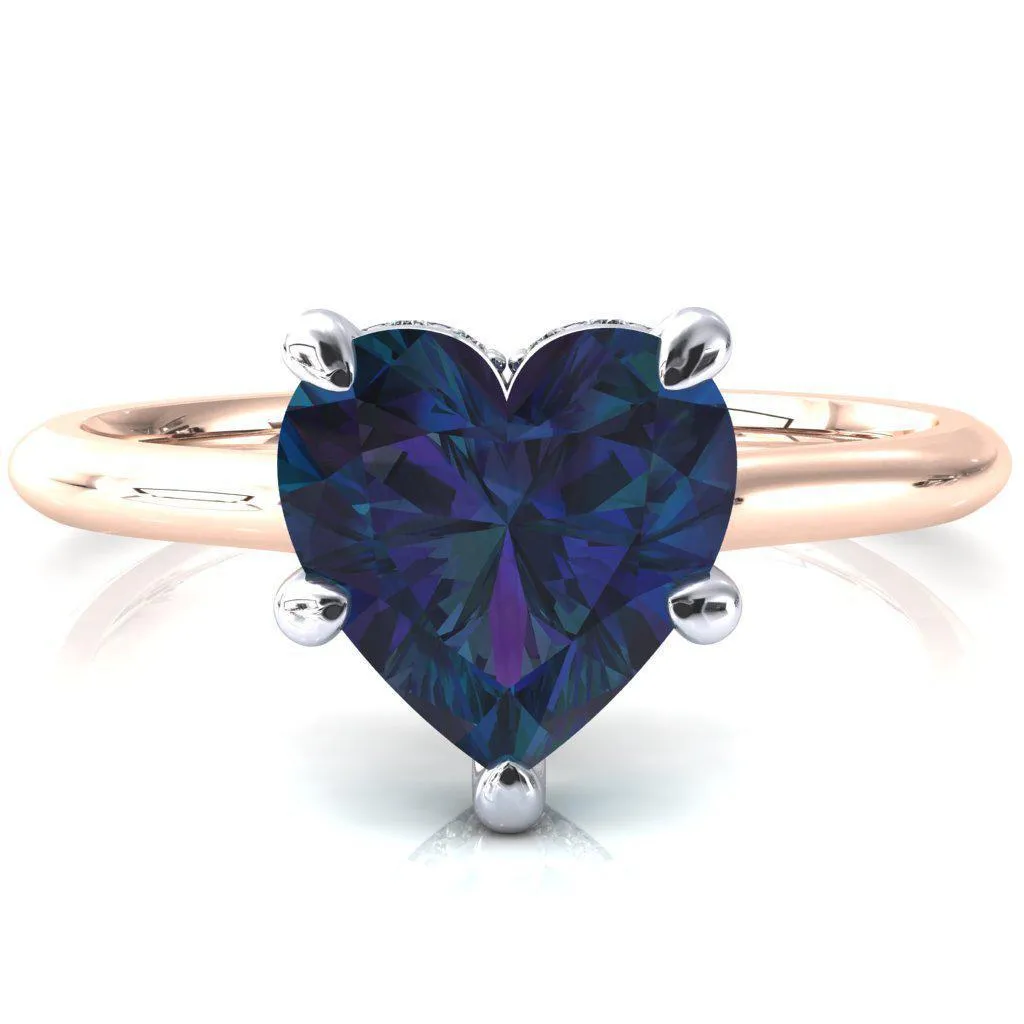 Janey Heart Alexandrite 5 Prongs Claw Floating Halo Inverted Cathedral Ring