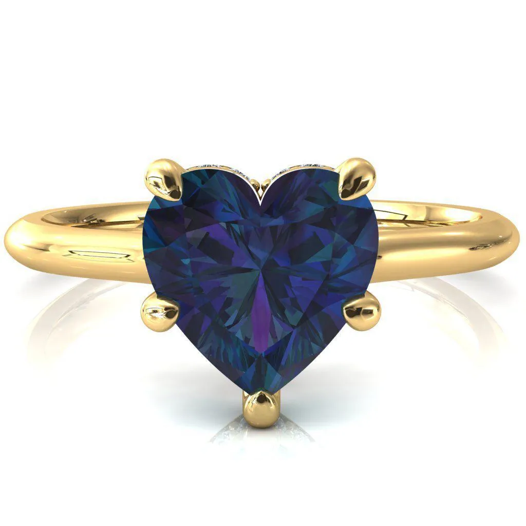Janey Heart Alexandrite 5 Prongs Claw Floating Halo Inverted Cathedral Ring