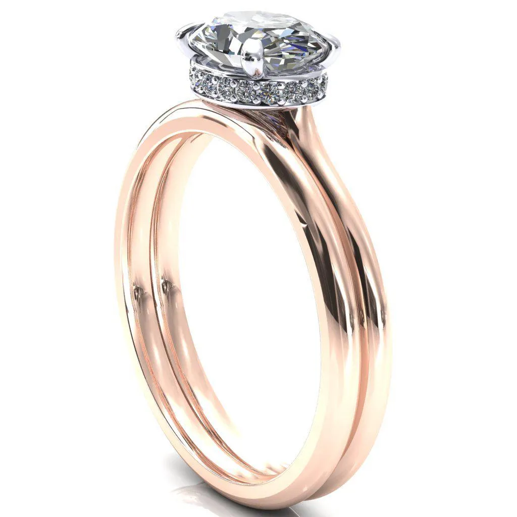Janey Oval Center Stone East-West 4 Prongs Claw Floating Halo Inverted Cathedral Ring