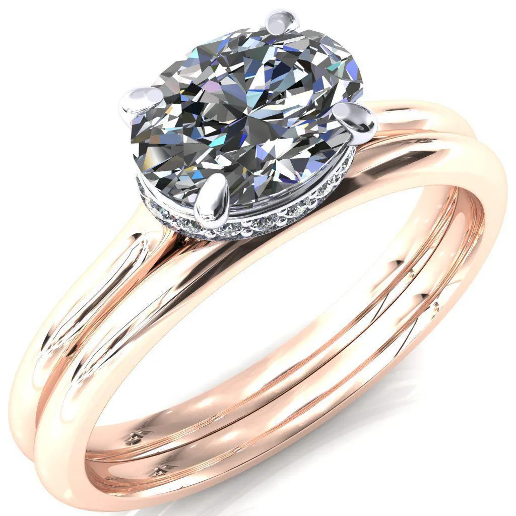 Janey Oval Center Stone East-West 4 Prongs Claw Floating Halo Inverted Cathedral Ring