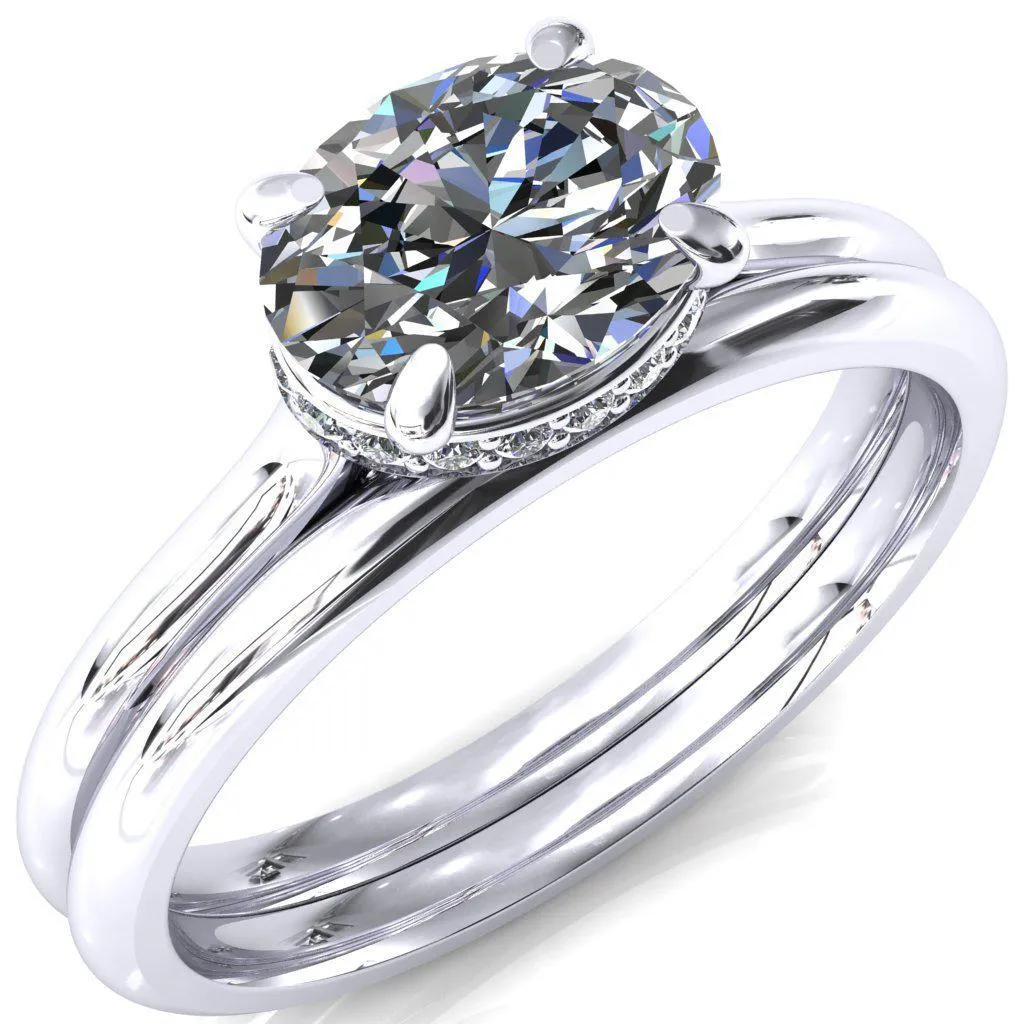 Janey Oval Center Stone East-West 4 Prongs Claw Floating Halo Inverted Cathedral Ring