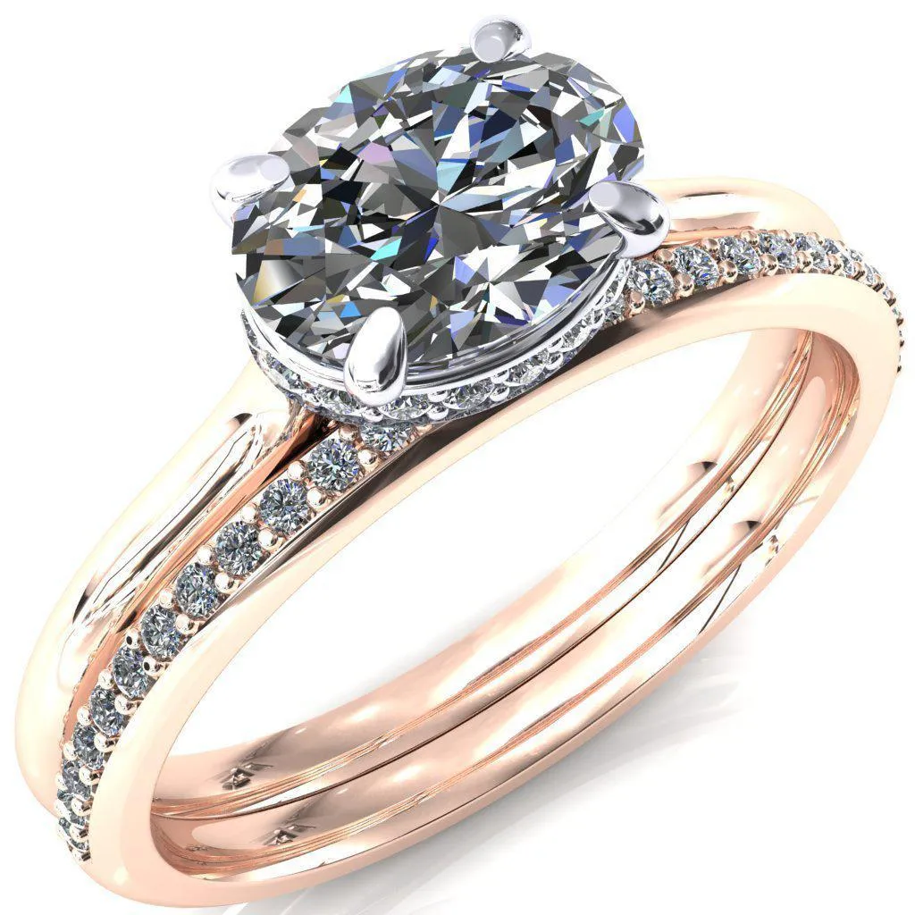 Janey Oval Center Stone East-West 4 Prongs Claw Floating Halo Inverted Cathedral Ring