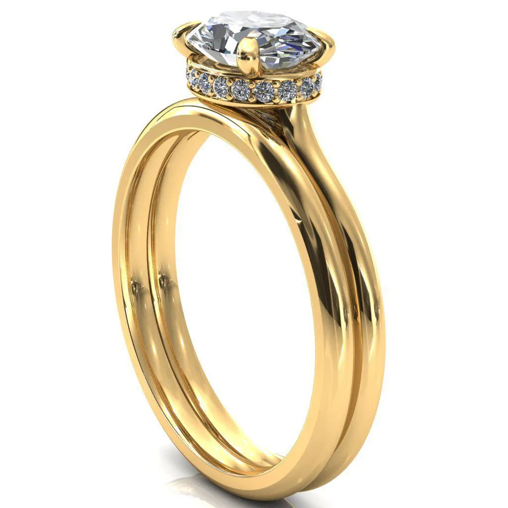 Janey Oval Center Stone East-West 4 Prongs Claw Floating Halo Inverted Cathedral Ring