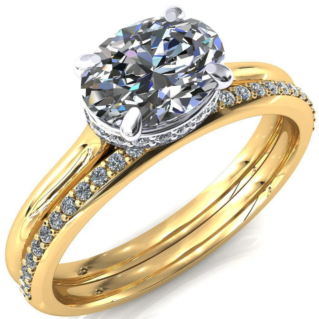 Janey Oval Center Stone East-West 4 Prongs Claw Floating Halo Inverted Cathedral Ring
