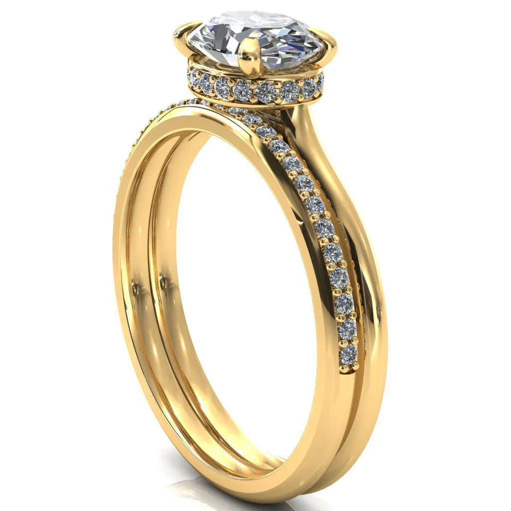 Janey Oval Center Stone East-West 4 Prongs Claw Floating Halo Inverted Cathedral Ring