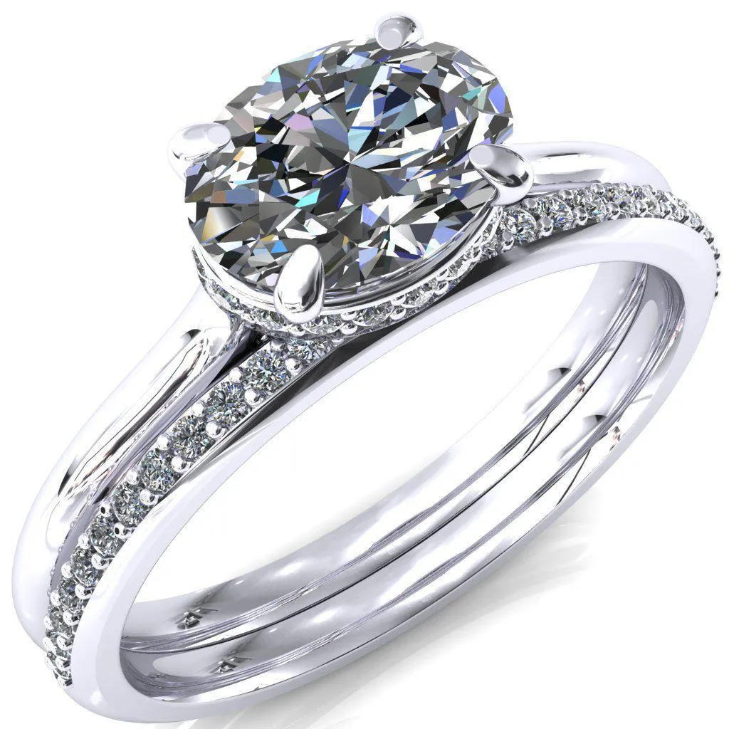 Janey Oval Center Stone East-West 4 Prongs Claw Floating Halo Inverted Cathedral Ring