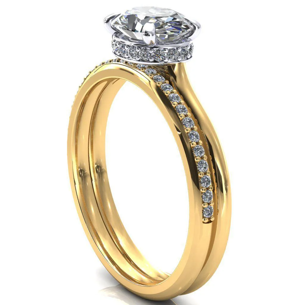 Janey Oval Center Stone East-West 4 Prongs Claw Floating Halo Inverted Cathedral Ring