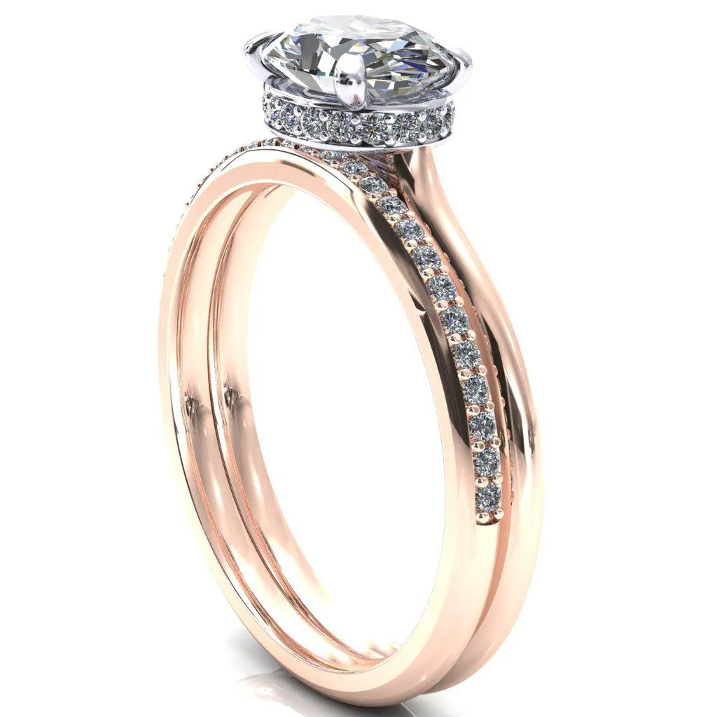 Janey Oval Center Stone East-West 4 Prongs Claw Floating Halo Inverted Cathedral Ring