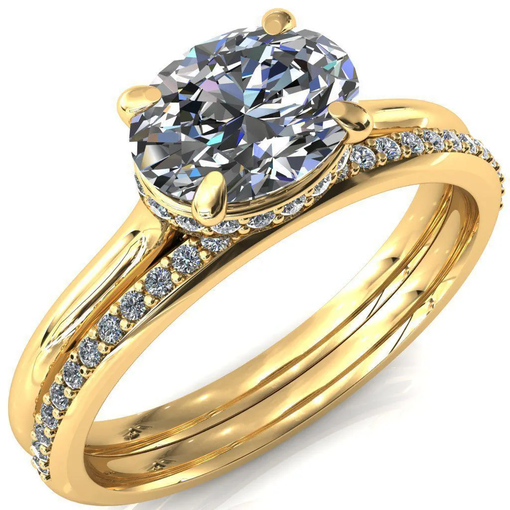 Janey Oval Center Stone East-West 4 Prongs Claw Floating Halo Inverted Cathedral Ring