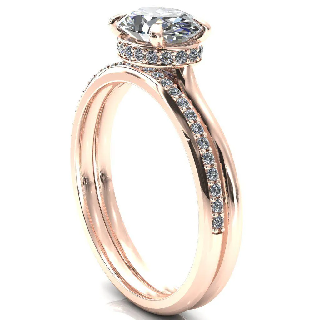 Janey Oval Center Stone East-West 4 Prongs Claw Floating Halo Inverted Cathedral Ring