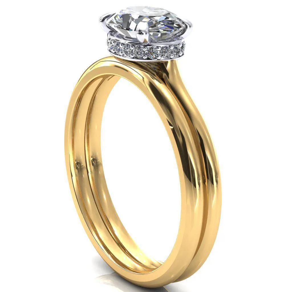 Janey Oval Center Stone East-West 4 Prongs Claw Floating Halo Inverted Cathedral Ring