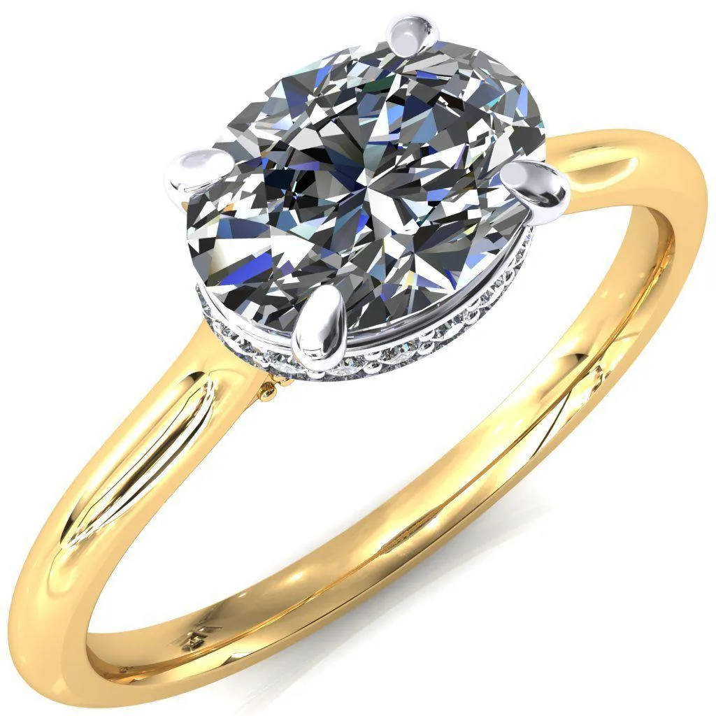 Janey Oval Center Stone East-West 4 Prongs Claw Floating Halo Inverted Cathedral Ring