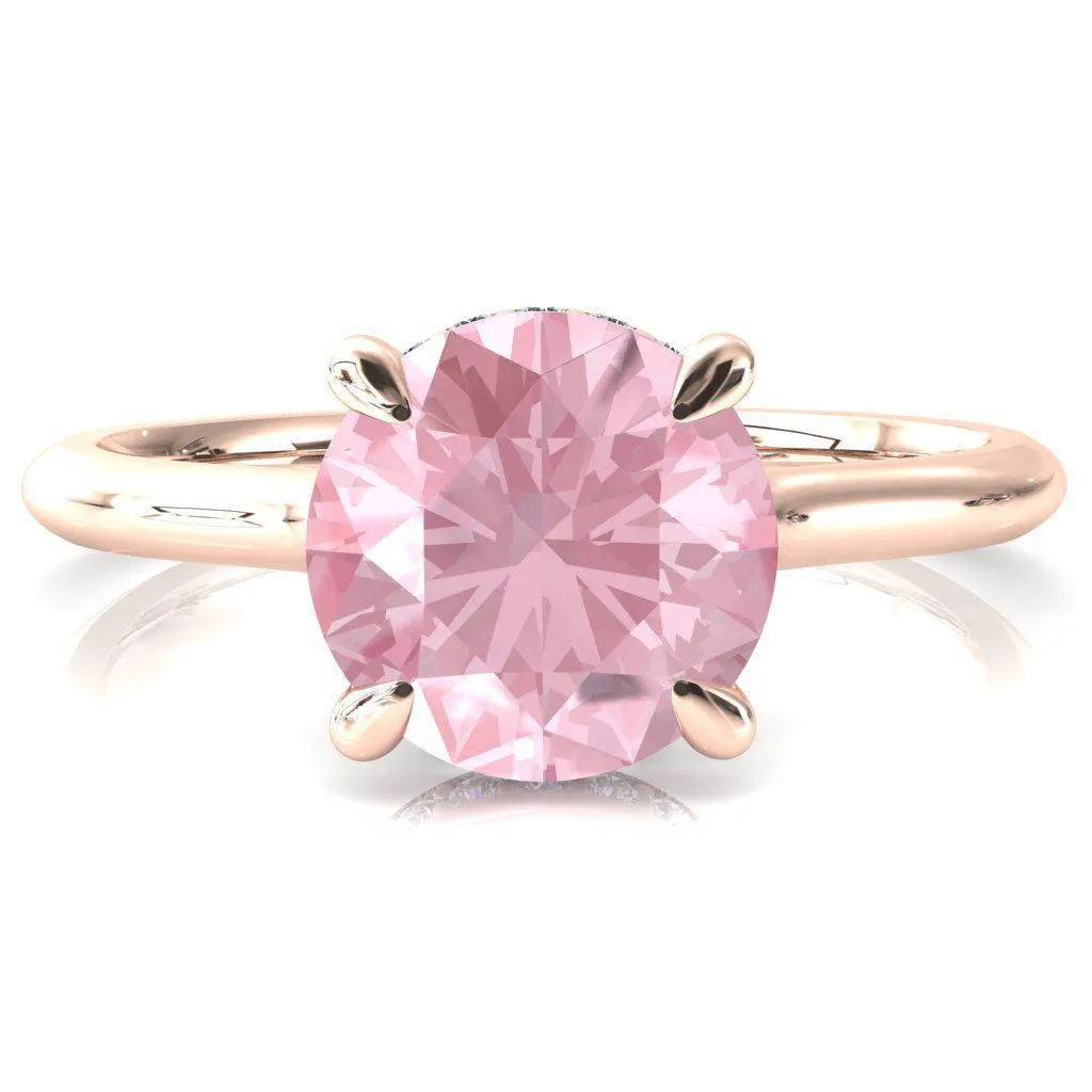 Janey Round Pink Sapphire 4 Prongs Claw Floating Halo Inverted Cathedral Ring