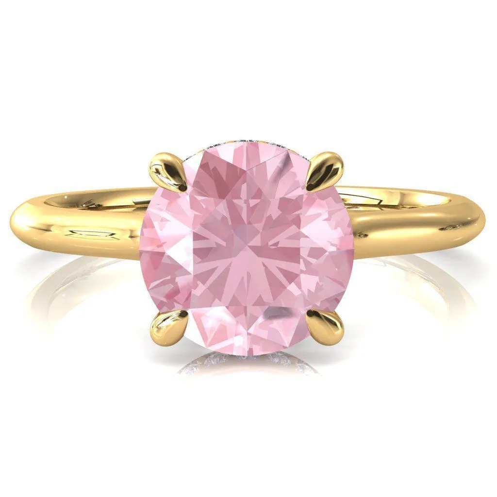 Janey Round Pink Sapphire 4 Prongs Claw Floating Halo Inverted Cathedral Ring