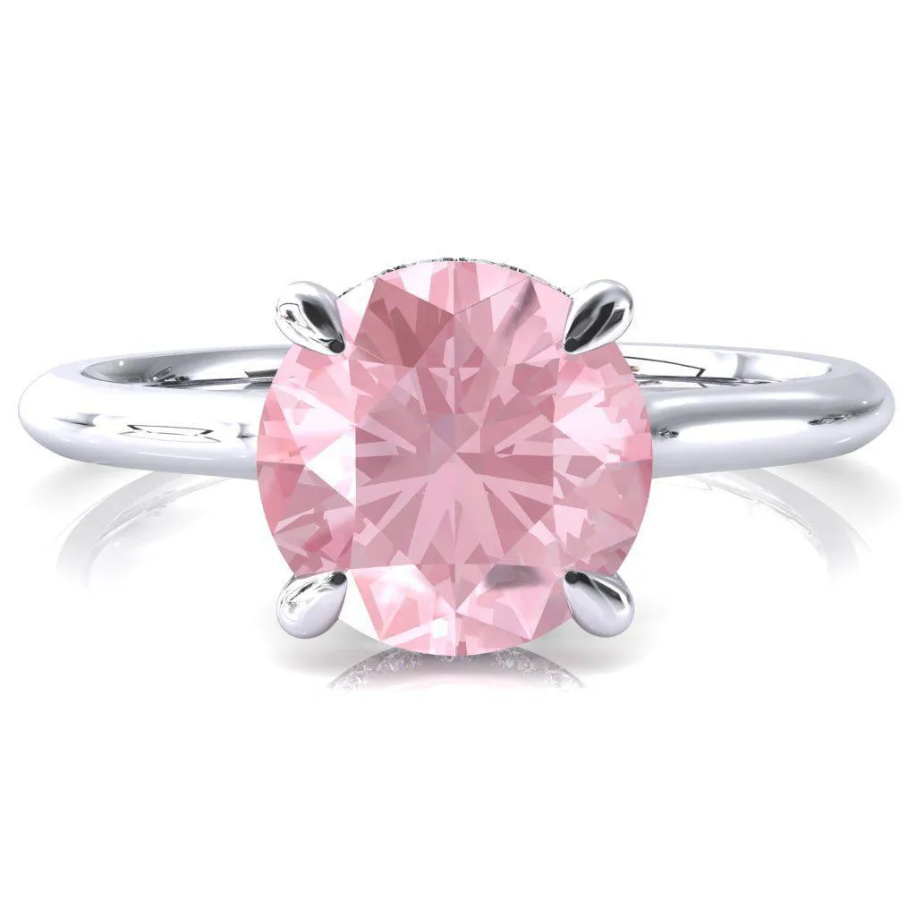 Janey Round Pink Sapphire 4 Prongs Claw Floating Halo Inverted Cathedral Ring