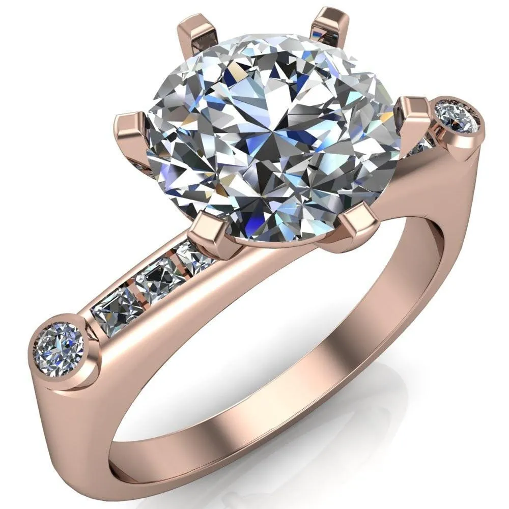 Judith Round Center Stone 6 Prong Center Diamond Channel Accent Full Bezel Ring