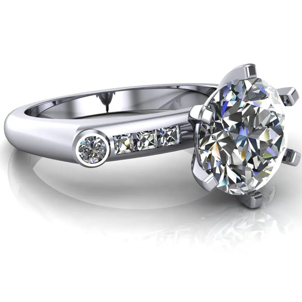 Judith Round Center Stone 6 Prong Center Diamond Channel Accent Full Bezel Ring