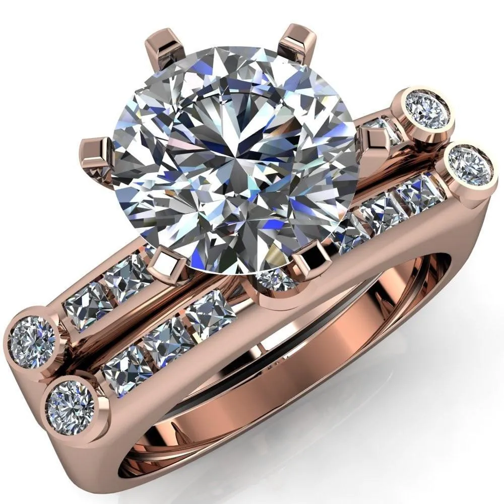 Judith Round Center Stone 6 Prong Center Diamond Channel Accent Full Bezel Ring
