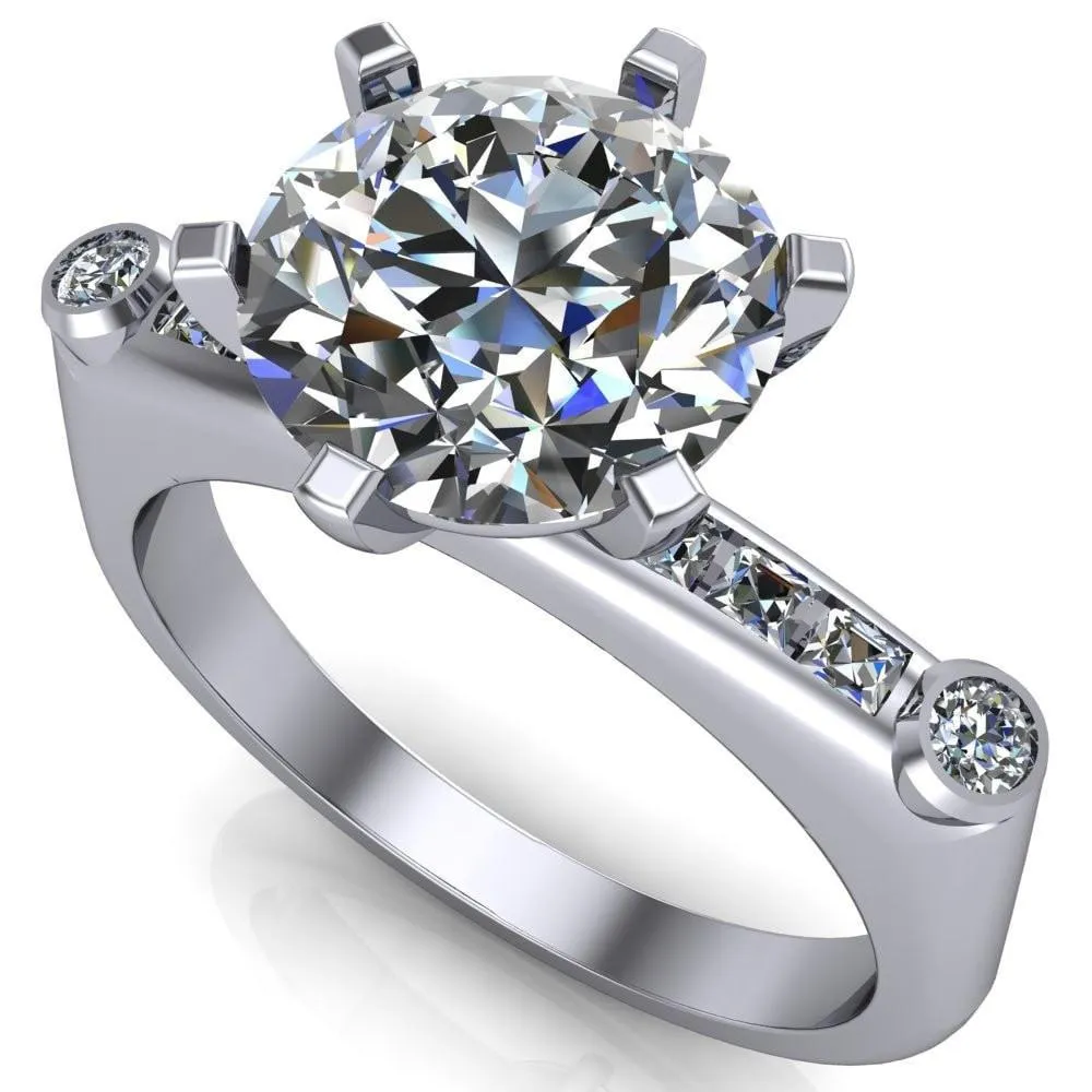 Judith Round Center Stone 6 Prong Center Diamond Channel Accent Full Bezel Ring
