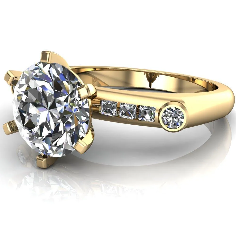 Judith Round Center Stone 6 Prong Center Diamond Channel Accent Full Bezel Ring
