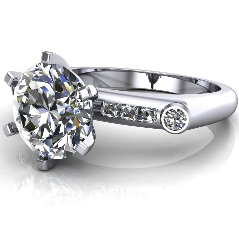 Judith Round Center Stone 6 Prong Center Diamond Channel Accent Full Bezel Ring