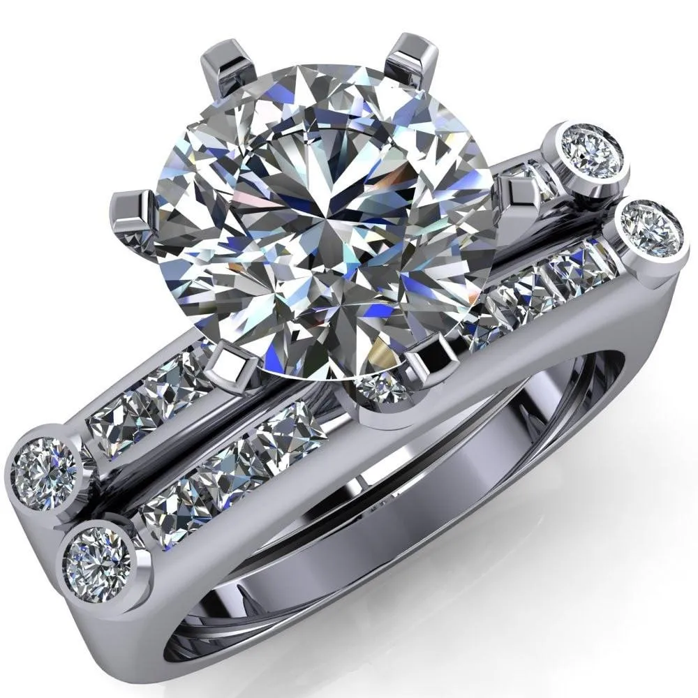 Judith Round Center Stone 6 Prong Center Diamond Channel Accent Full Bezel Ring