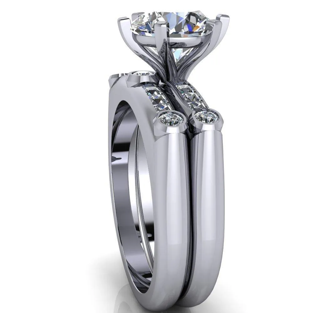 Judith Round Center Stone 6 Prong Center Diamond Channel Accent Full Bezel Ring