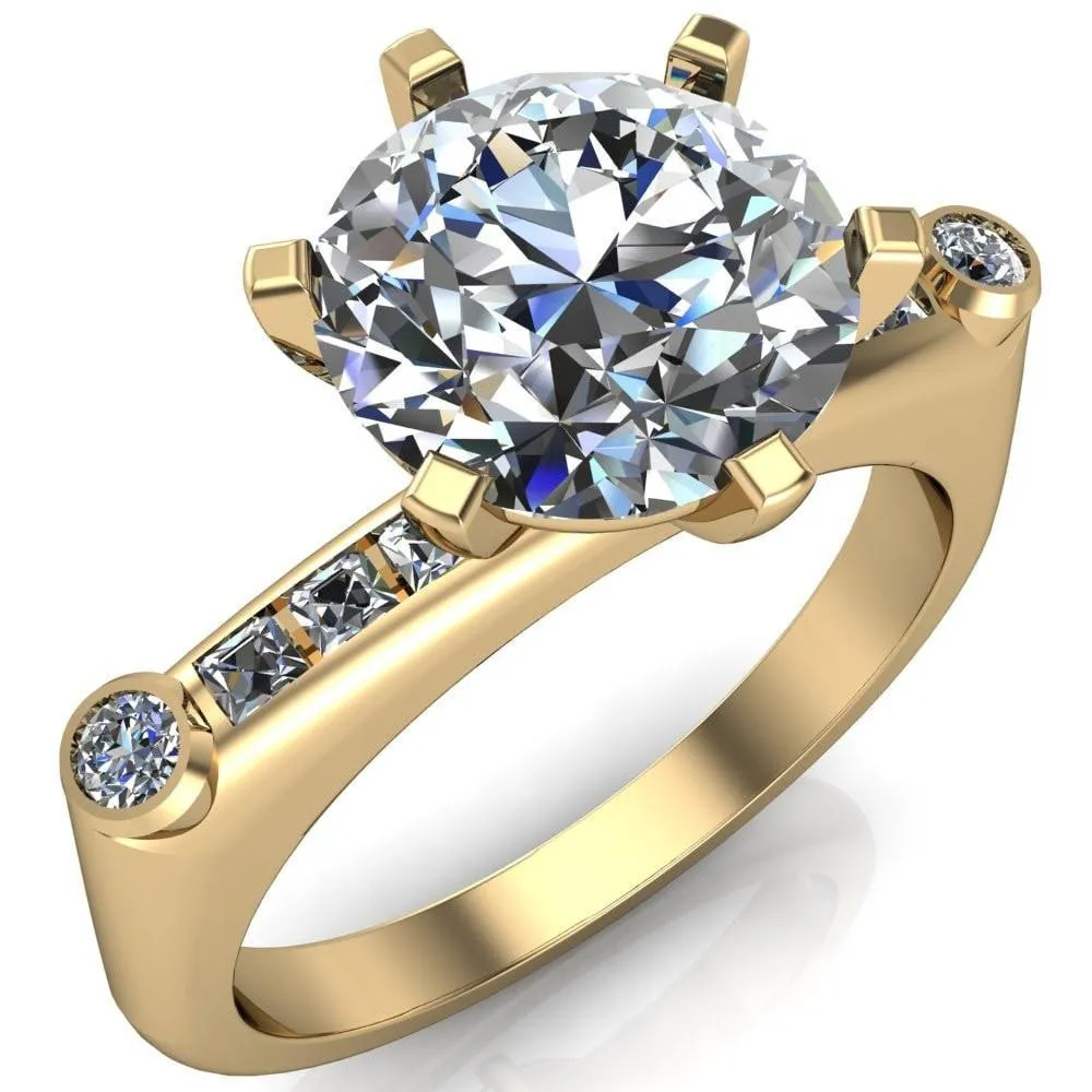 Judith Round Center Stone 6 Prong Center Diamond Channel Accent Full Bezel Ring