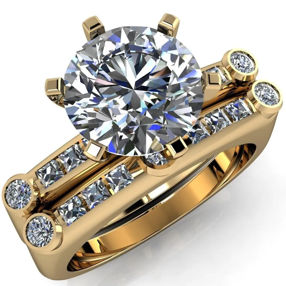 Judith Round Center Stone 6 Prong Center Diamond Channel Accent Full Bezel Ring