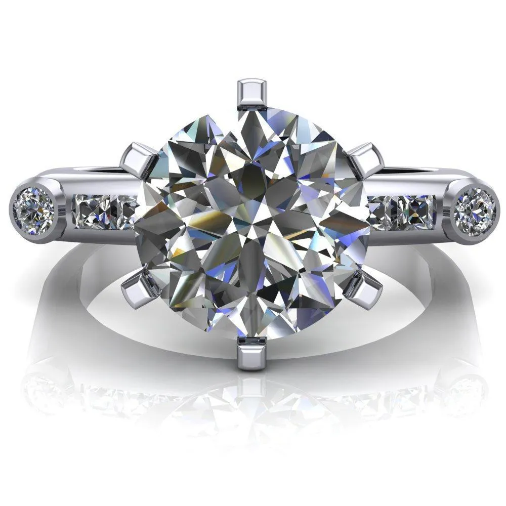 Judith Round Center Stone 6 Prong Center Diamond Channel Accent Full Bezel Ring