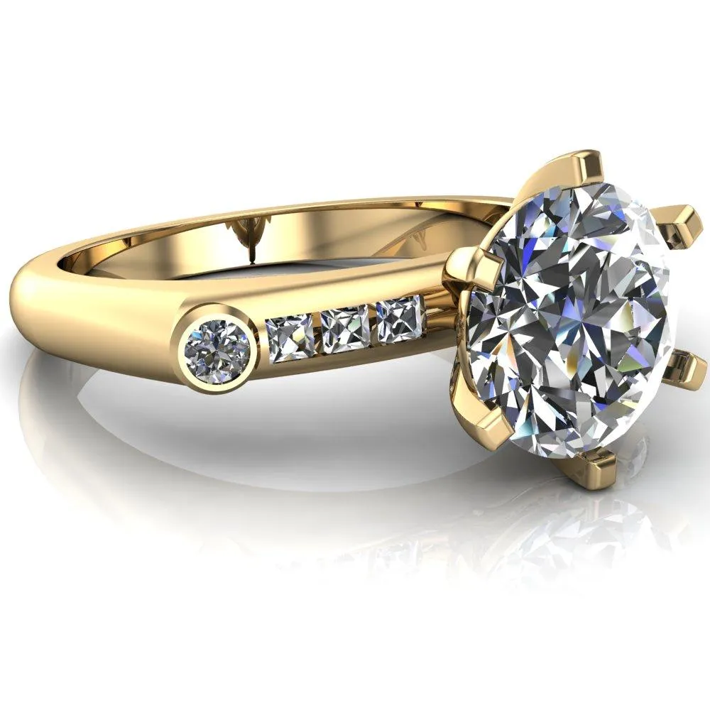 Judith Round Center Stone 6 Prong Center Diamond Channel Accent Full Bezel Ring
