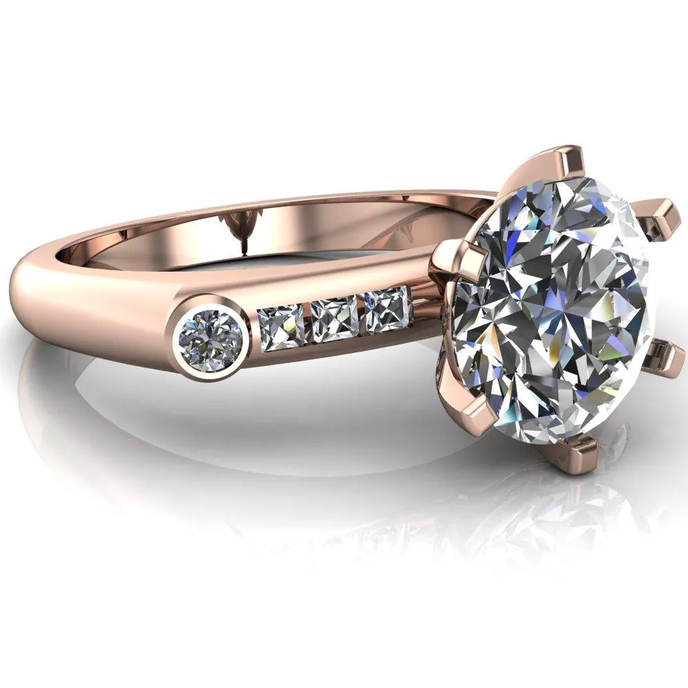 Judith Round Center Stone 6 Prong Center Diamond Channel Accent Full Bezel Ring