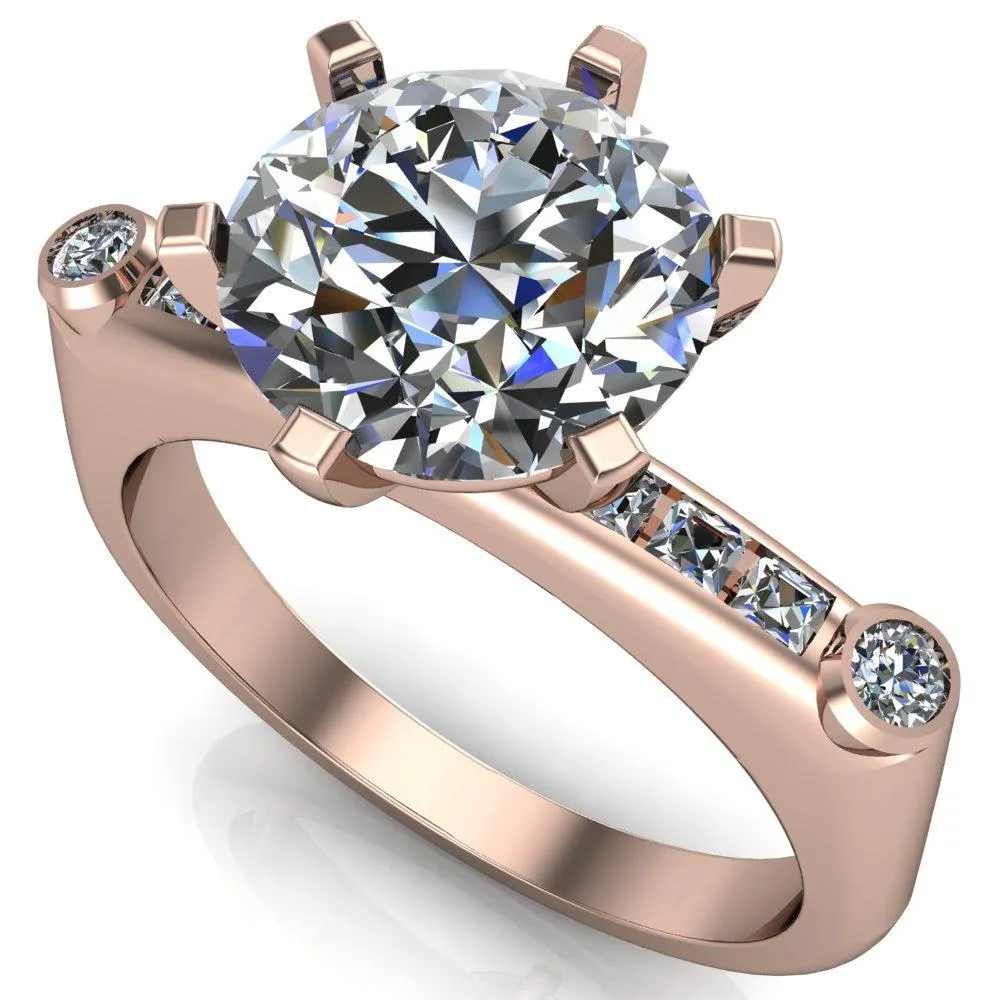Judith Round Center Stone 6 Prong Center Diamond Channel Accent Full Bezel Ring