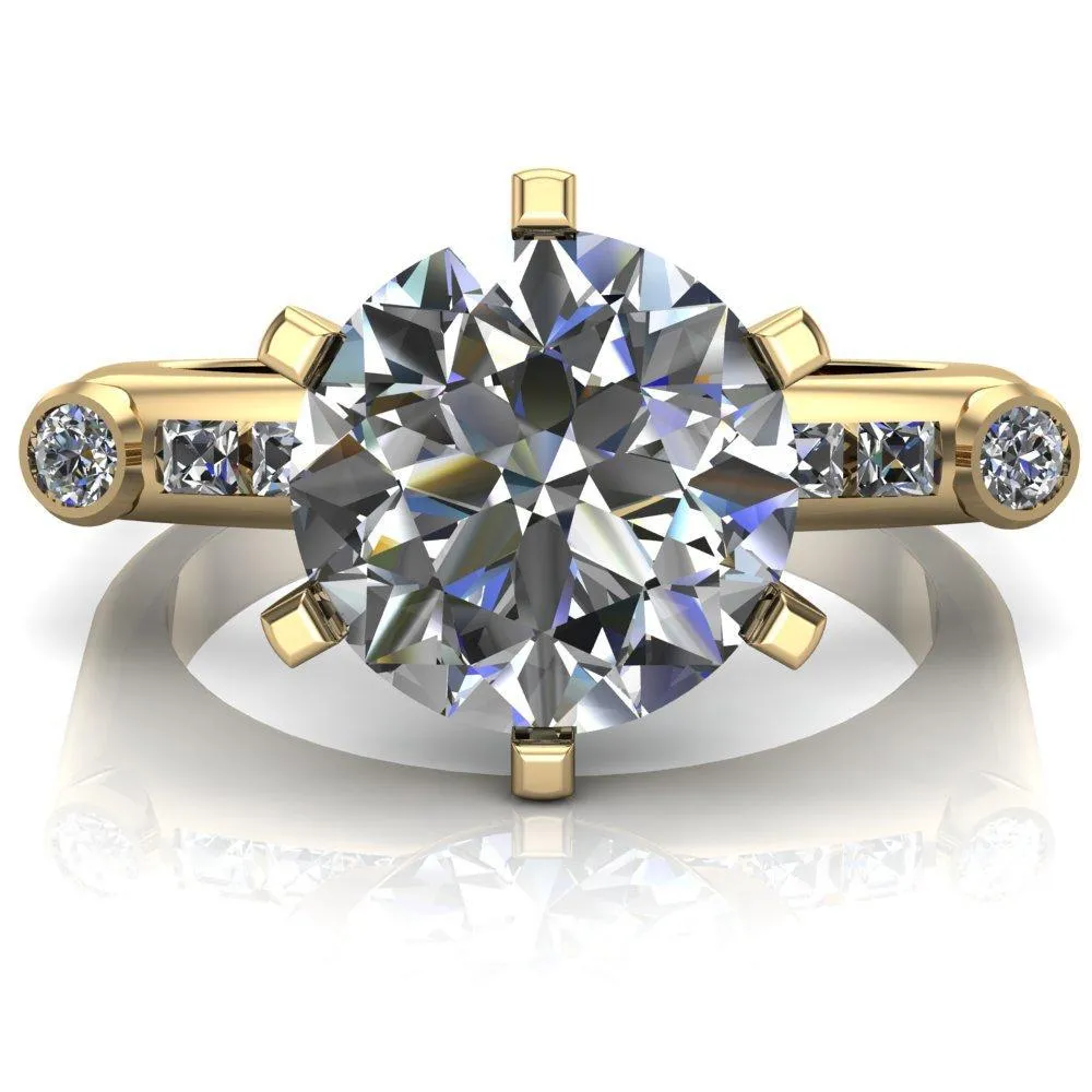 Judith Round Center Stone 6 Prong Center Diamond Channel Accent Full Bezel Ring