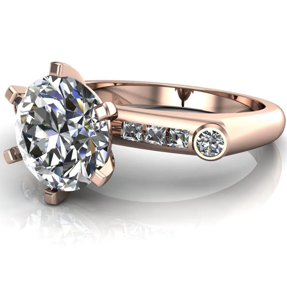Judith Round Center Stone 6 Prong Center Diamond Channel Accent Full Bezel Ring